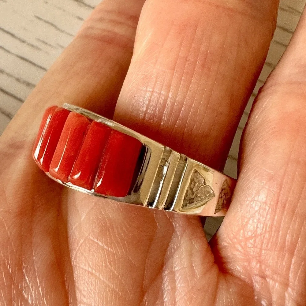Navajo Red Coral Wedding‎ Band Sz 12.5 Mens Ring 10mm Corn Inlay Signed Rick T